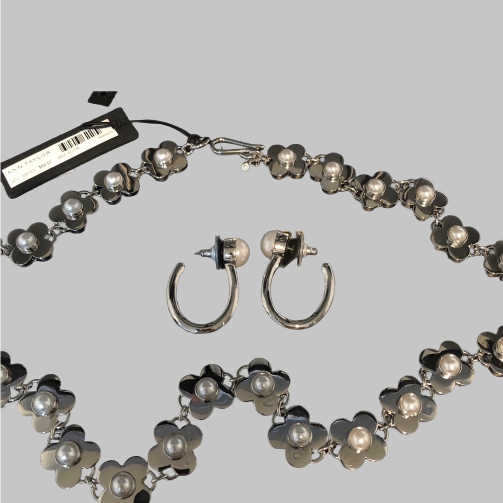 Ann Taylor Silver Floral Necklace with Pearl Accents - Picture 2 of 4
